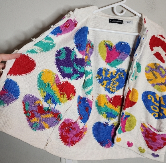 Vintage Christine Foley Heart Multi White knit button cardigan size 1 medium - Picture 6 of 16